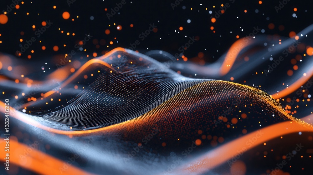 Poster vibrant digital artwork featuring dynamic flowing curves and glowing luminous particles creating a m