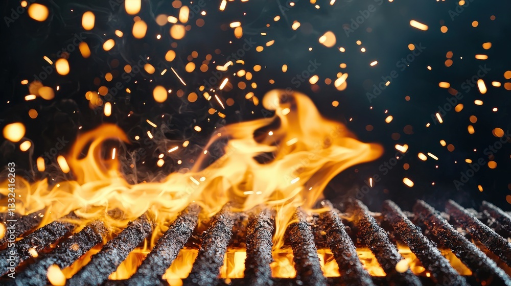 Poster a grill with flaming sparks forming an abstract pattern in the air.