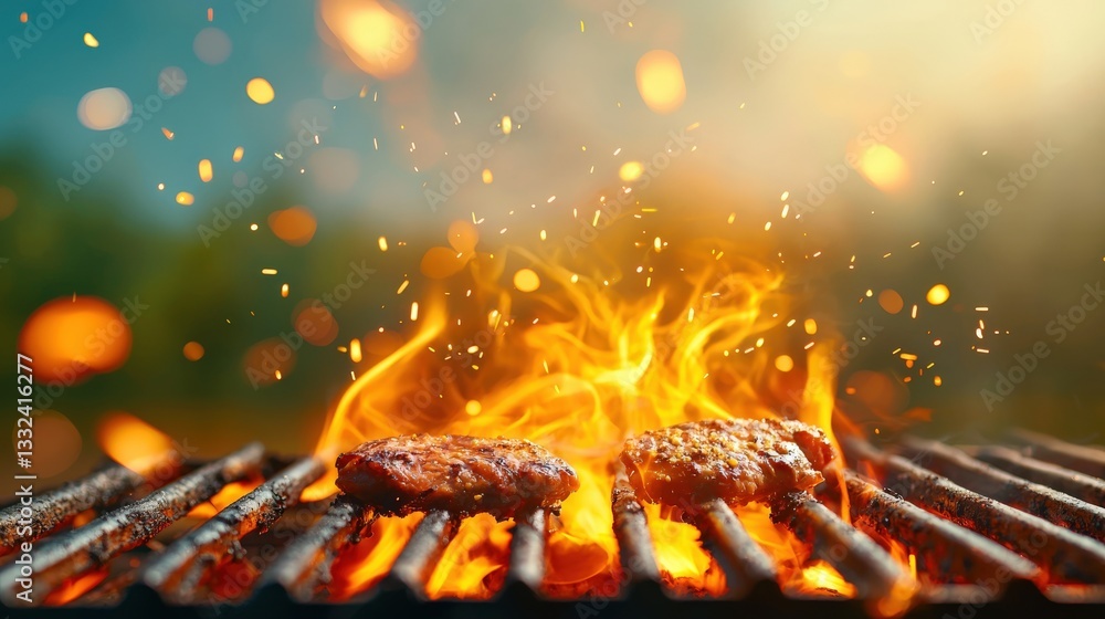 Poster a grill with flaming sparks forming an abstract pattern in the air.