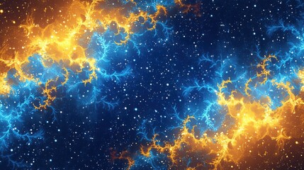 Abstract cosmic art. A mesmerizing blend of fiery orange and cool blue nebulae, speckled with countless stars, creates a stunning visual spectacle.