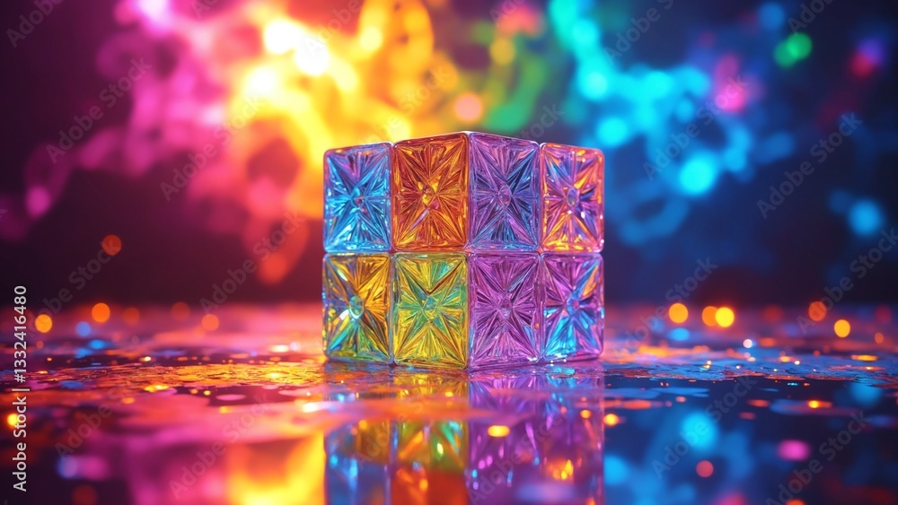 Poster Colorful geometric cube with intricate patterns and reflections on a vibrant background showcasing light effects and dynamic energy in an abstract artistic composition