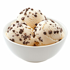 Delicious chocolate chip ice cream in a white bowl with creamy texture and chocolate chips on top, perfect dessert for sweet treats, isolated on transparent background.