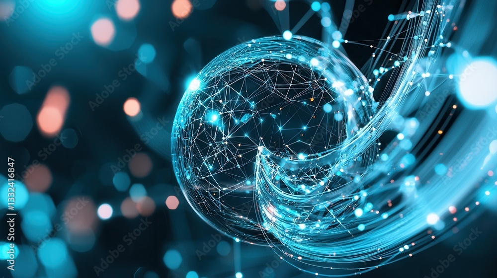 Poster captivating digital depicting a luminous swirling 3d sphere composed of a complex network of interco
