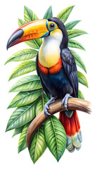 Toucans's Tropical Perch: A vibrantly colored toucan perches on a branch, surrounded by lush tropical foliage, showcasing nature's artistic brilliance. 