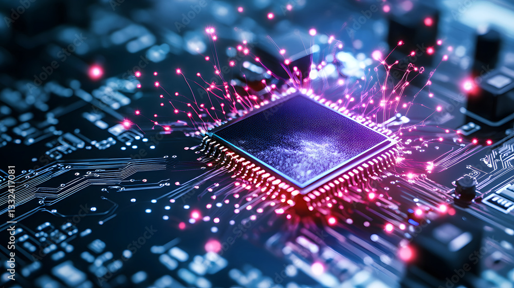 Poster dynamic closeup of modern computing components technology lab digital art futuristic high-tech