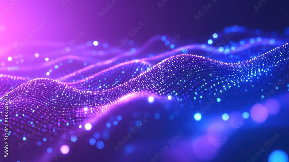 Aufkleber a high-tech abstract network with illuminated nodes and smooth digital waves on a purple-blue gradie