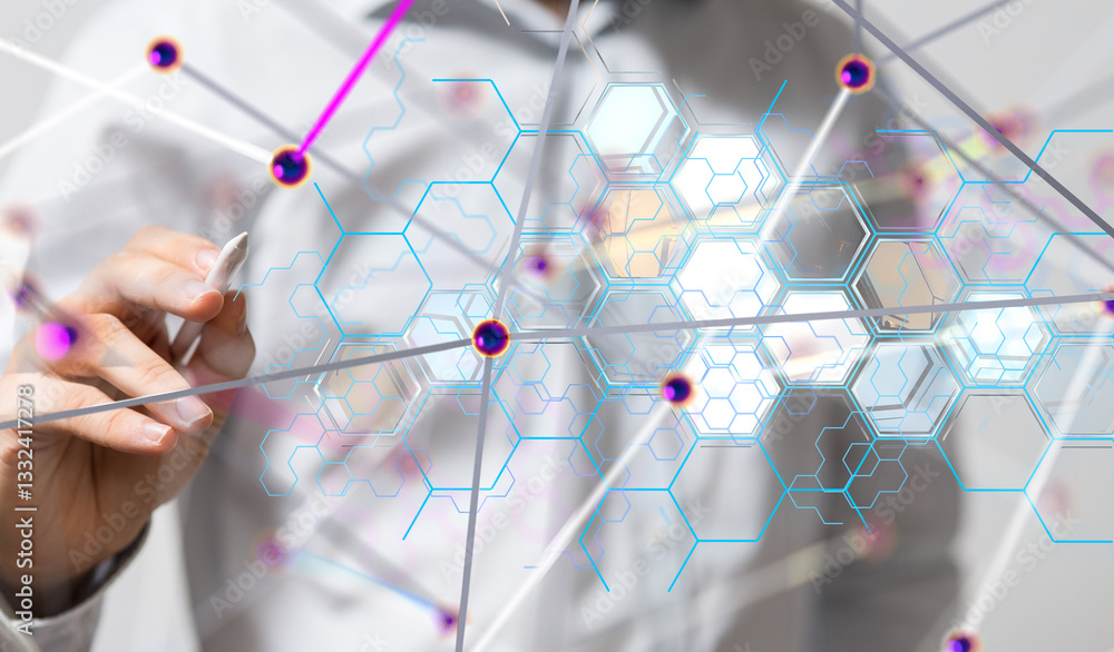 Poster Connecting lines and dots.Big data visualization  - 3d