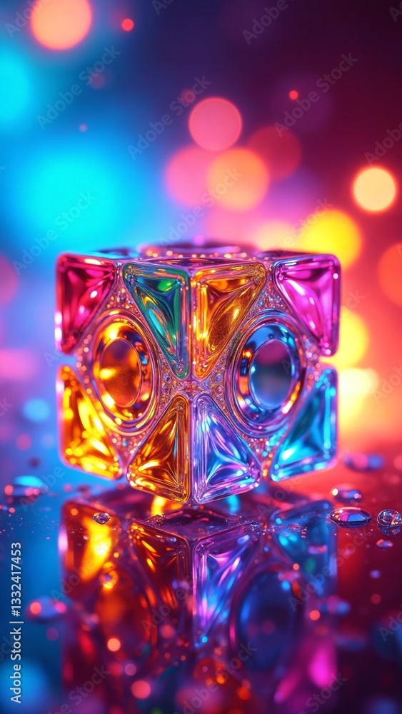 Aufkleber Colorful geometric cube with intricate patterns and reflections on a vibrant background showcasing light effects and dynamic energy in an abstract artistic composition