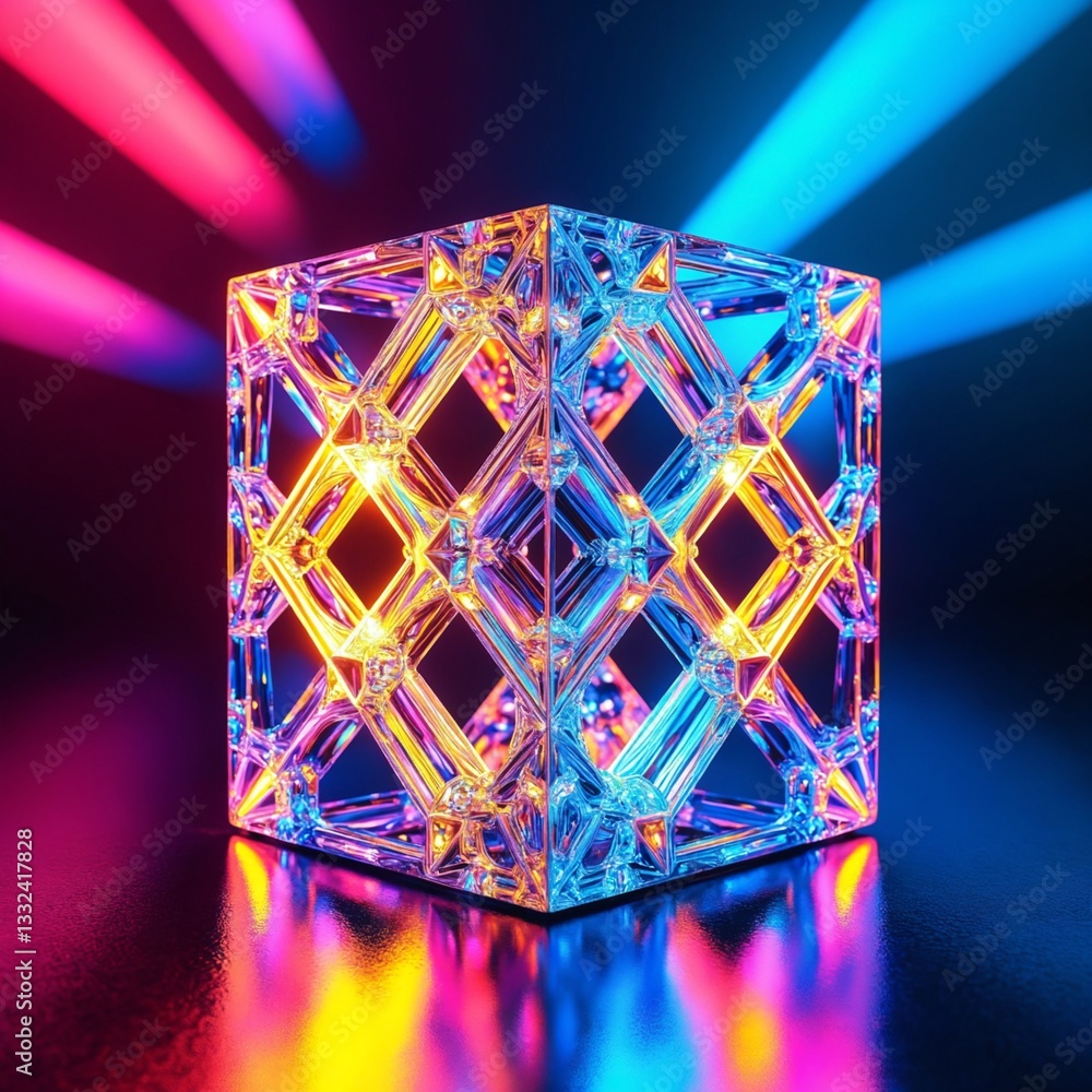 Poster Colorful geometric cube with intricate patterns and reflections on a vibrant background showcasing light effects and dynamic energy in an abstract artistic composition