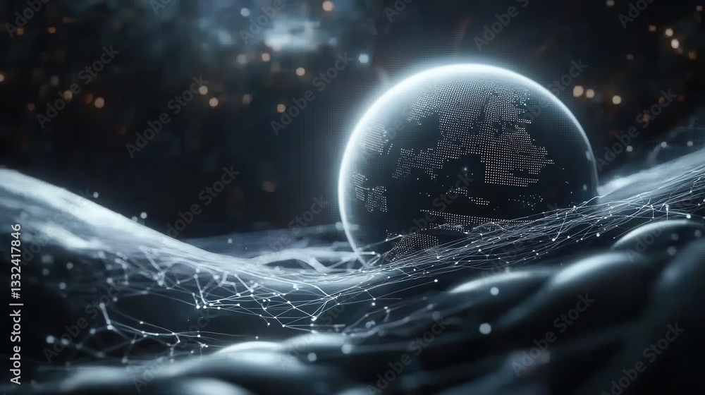 Poster futuristic digital waves and energy flows connecting a global network of interconnected data and int