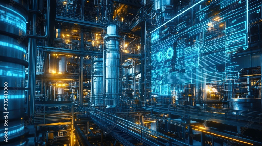 Poster a high-tech industrial complex with a glowing blue holographic digital twin system mapping real-time