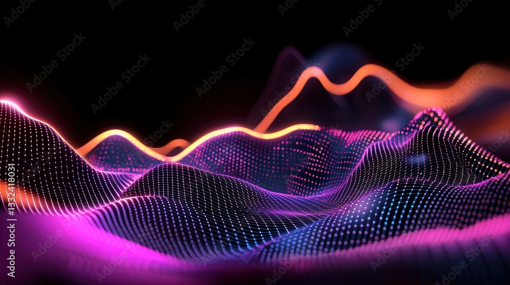 Poster captivating abstract landscape of a dynamic colorful digital data wave with a futuristic neural netw