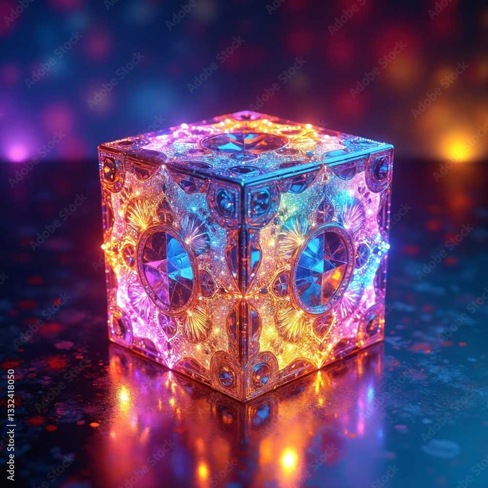 Poster Colorful geometric cube with intricate patterns and reflections on a vibrant background showcasing light effects and dynamic energy in an abstract artistic composition