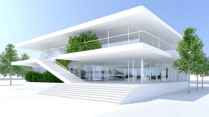 Modern Minimalist White House Exterior Design with Green Landscaping and Stairs