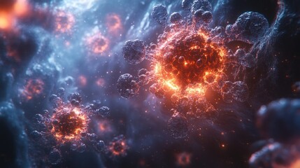Obraz premium Abstract virus explosion, fiery particles, dark background. Possible use scientific, medical