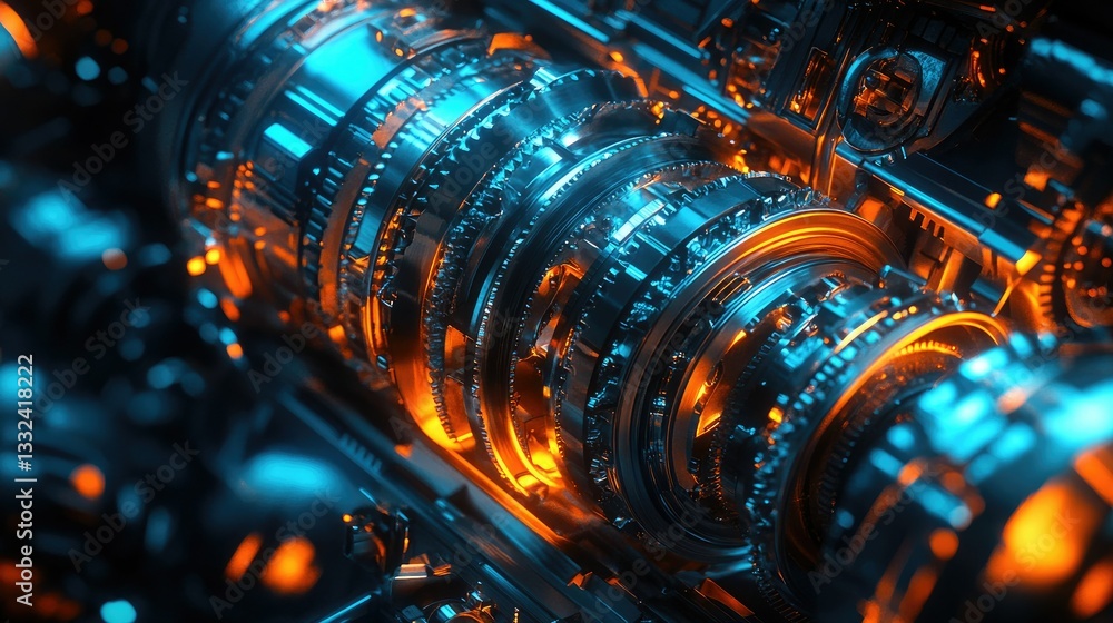 Poster a high-tech mechanical system with rotating gears and metallic components, illuminated by an intense