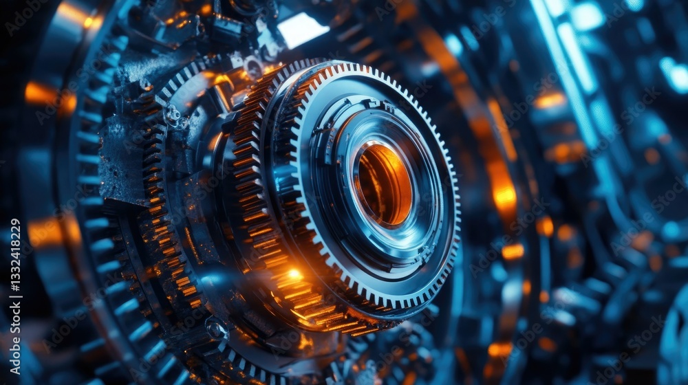 Poster a high-tech mechanical system with rotating gears and metallic components, illuminated by an intense
