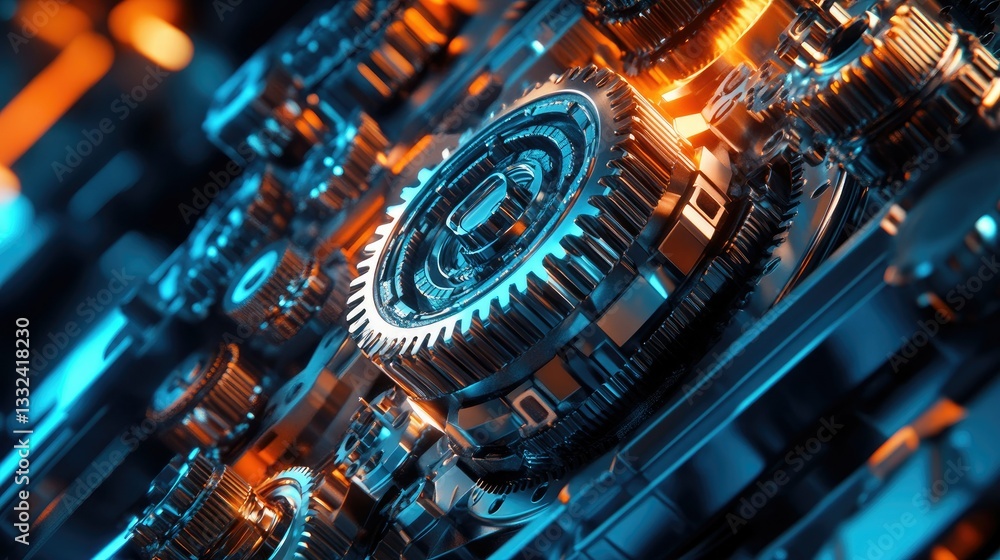 Poster a high-tech mechanical system with rotating gears and metallic components, illuminated by an intense