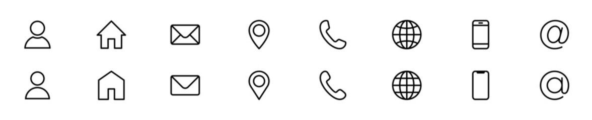 Simple contact icon set – phone, mail, address, user, web, location – flat line design