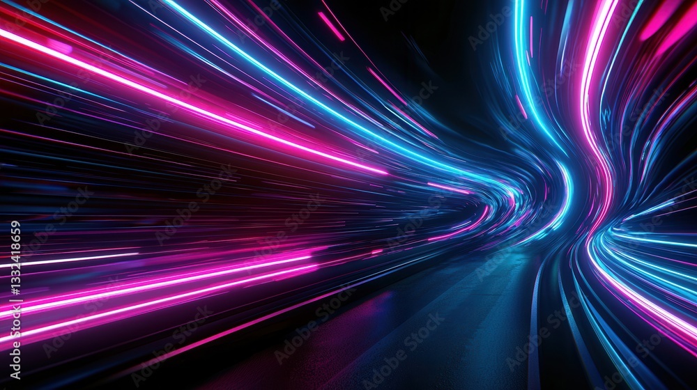 Poster a dynamic and futuristic digital scene featuring a mesmerizing display of neon colored waves and lig