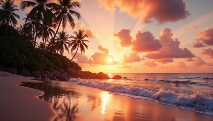 Obraz premium Vibrant sunset over beach with palm trees and ocean waves, tropical paradise,