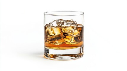 Glass of whisky with ice on white background