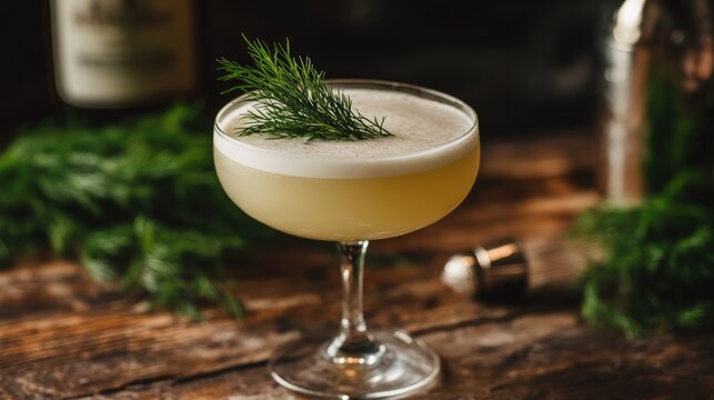 Green dill garnished cocktail (gin sour)