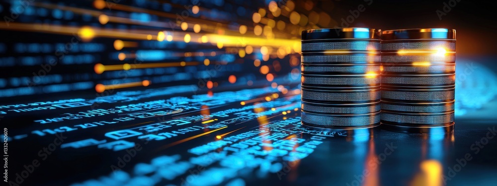 Poster digital currency concept with stacks of coins and technology background