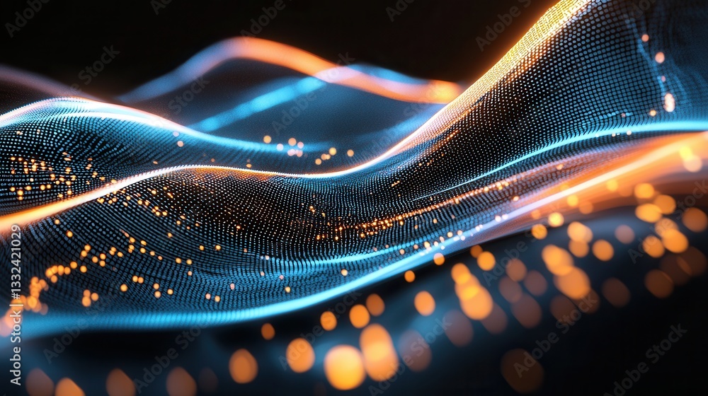 Poster vibrant and luminous digital waves flowing and pulsing with dynamic energy across a futuristic techn