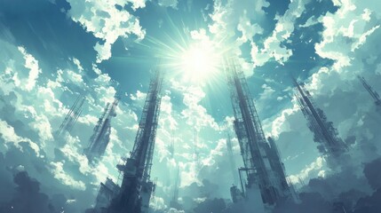 Radiant sunlight shines behind towering communication towers, their steel frames cutting through a sky filled with drifting white clouds