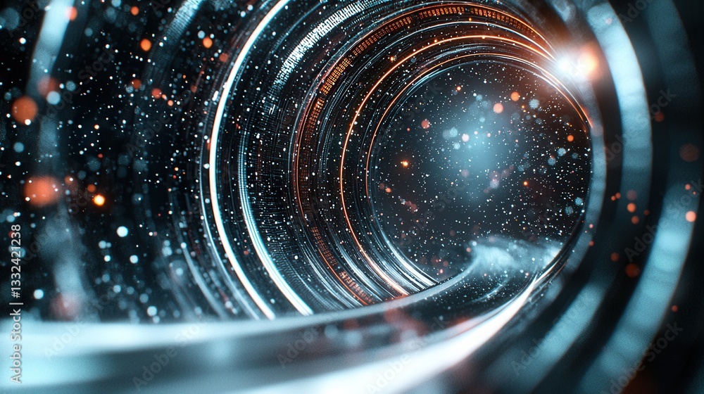Poster futuristic digital tunnel filled with luminous swirling data points and abstract energy patterns cre