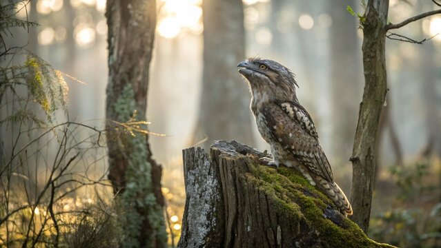Tawny Frogmouth Perched on Tree Stump