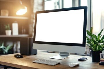 Minimal Comfortable Home Working Space in Bedroom with White Pc Desktop Computer Mockup