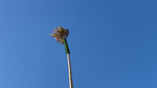A traditional Bavarian Kirta maypole decorated with colorful ribbons sways in the wind against a deep blue sky. A symbol of heritage, festivity, and cultural pride.
