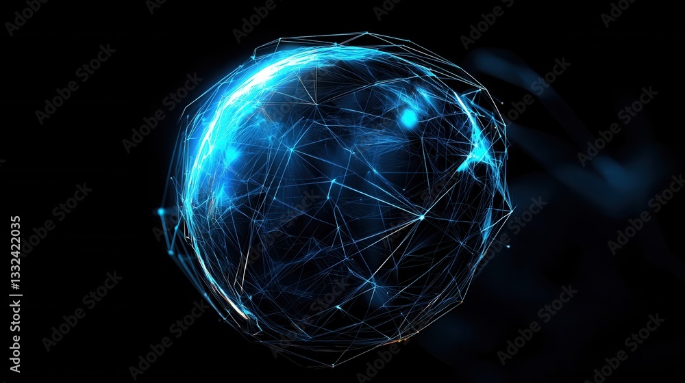 Poster a digitally rendered image depicting a vibrant blue sphere surrounded by a dynamic network of glowin