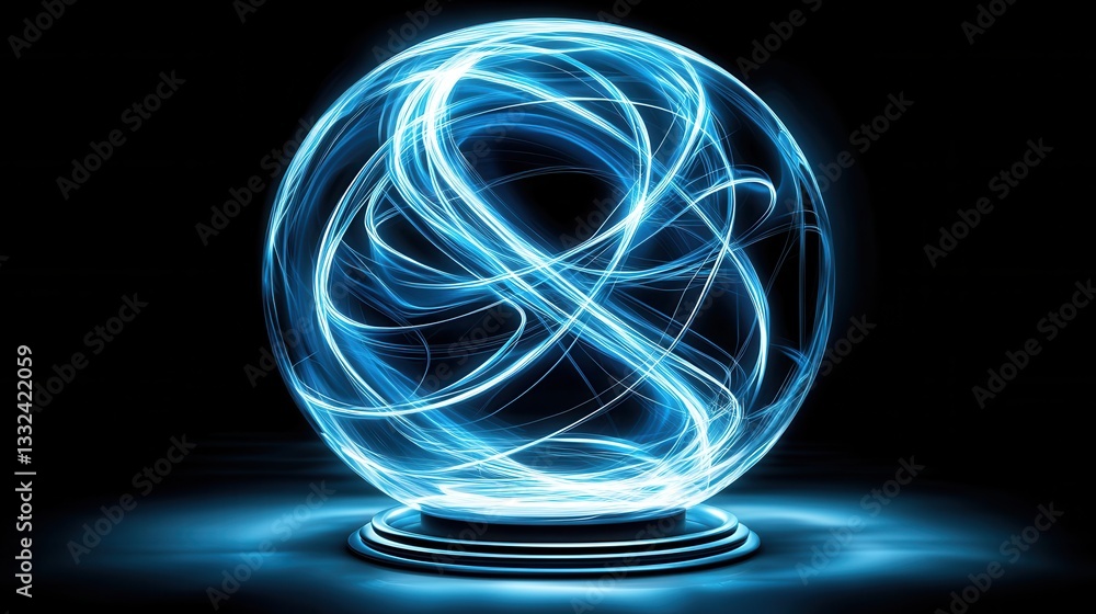 Poster captivating digital depicting a mesmerizing glowing blue sphere surrounded by dynamic swirling patte