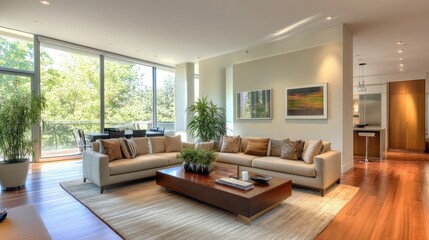 Fototapeta premium Spacious modern living room with warm wooden flooring, neutral-toned furniture, and decorative indoor plants for a serene feel