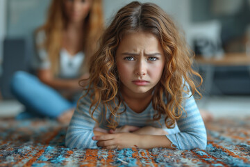 Fototapeta premium A girl with brown hair is sitting on the floor and looking down