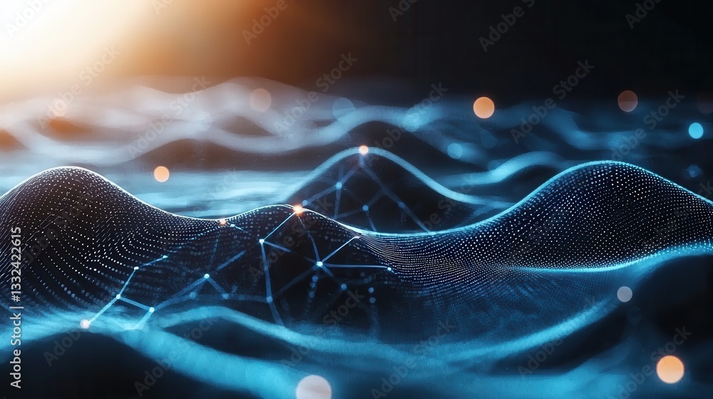 Poster a dynamic and abstract digital network structure with fluid luminous waves in shades of dark blue cr