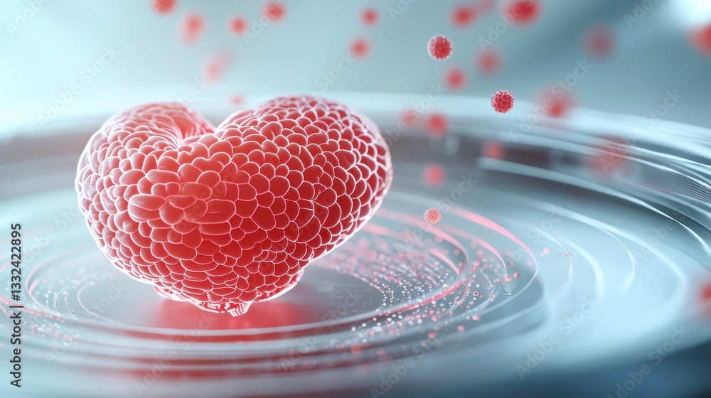 Poster heart shape made of red bubbles floating on reflective surface
