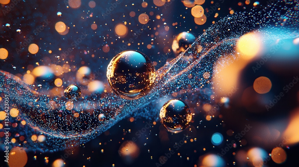 Poster captivating digital rendering of a surreal fluid motion created by dynamic iridescent spheres and bu