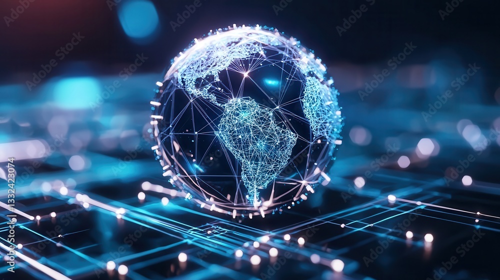 Poster futuristic digital render of a blue illuminated sphere composed of a network of glowing interconnect