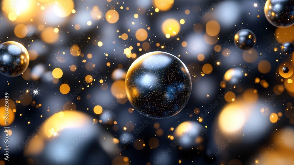 Poster mesmerizing digital render of a surreal kaleidoscopic scene with luminous shimmering spheres floatin