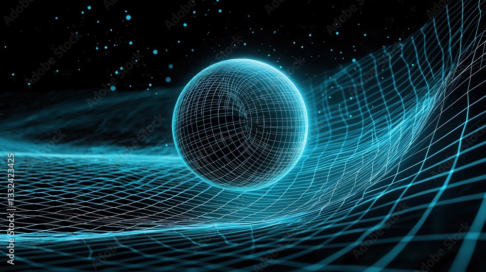 Poster a futuristic digital rendering depicting a glowing blue wireframe sphere surrounded by a dynamic gri