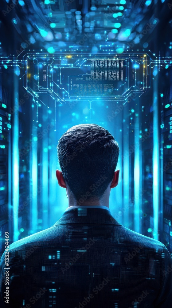 Aufkleber man surrounded by digital data in futuristic technology environment