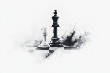 A clean illustration of a chessboard with only a single king piece remaining, drawn in black and white with stark, sharp lines