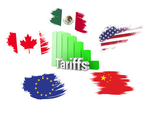 A 3D-rendered concept of global tariffs with economic flags of the USA, China, Canada, Mexico, and the EU