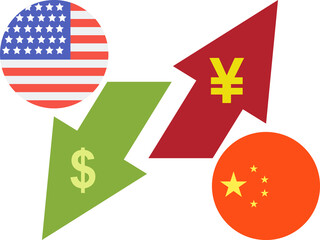 A flat-style infographic depicting the financial battle between the USA and China. Currency symbols and national flags are integrated into red and green arrows showing economic ups and downs