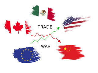 abstract representation of the global trade war, featuring painted flags of major economies and financial stock market chart lines symbolizing economic fluctuations