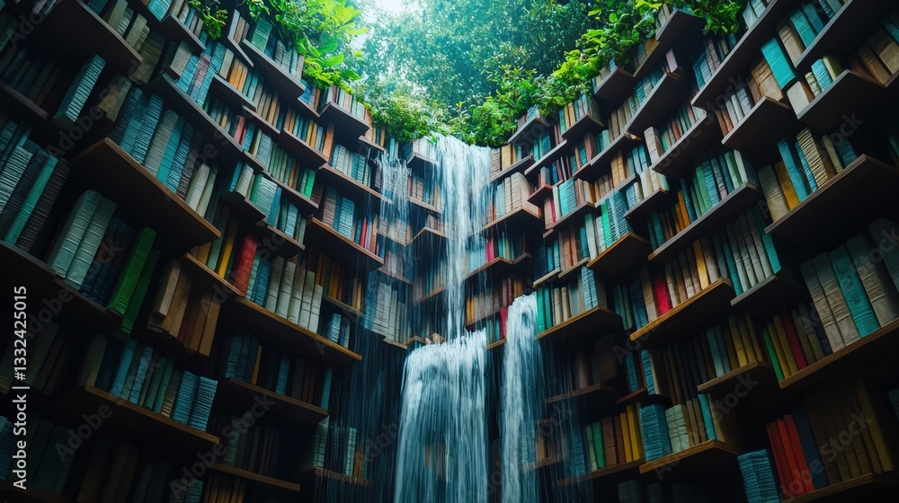 Poster a library built into the side of a mountain with waterfalls of pages.